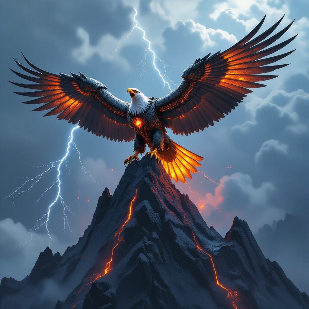 Mechanical Eagle on Obsidian Peak in Epic Fantasy Style