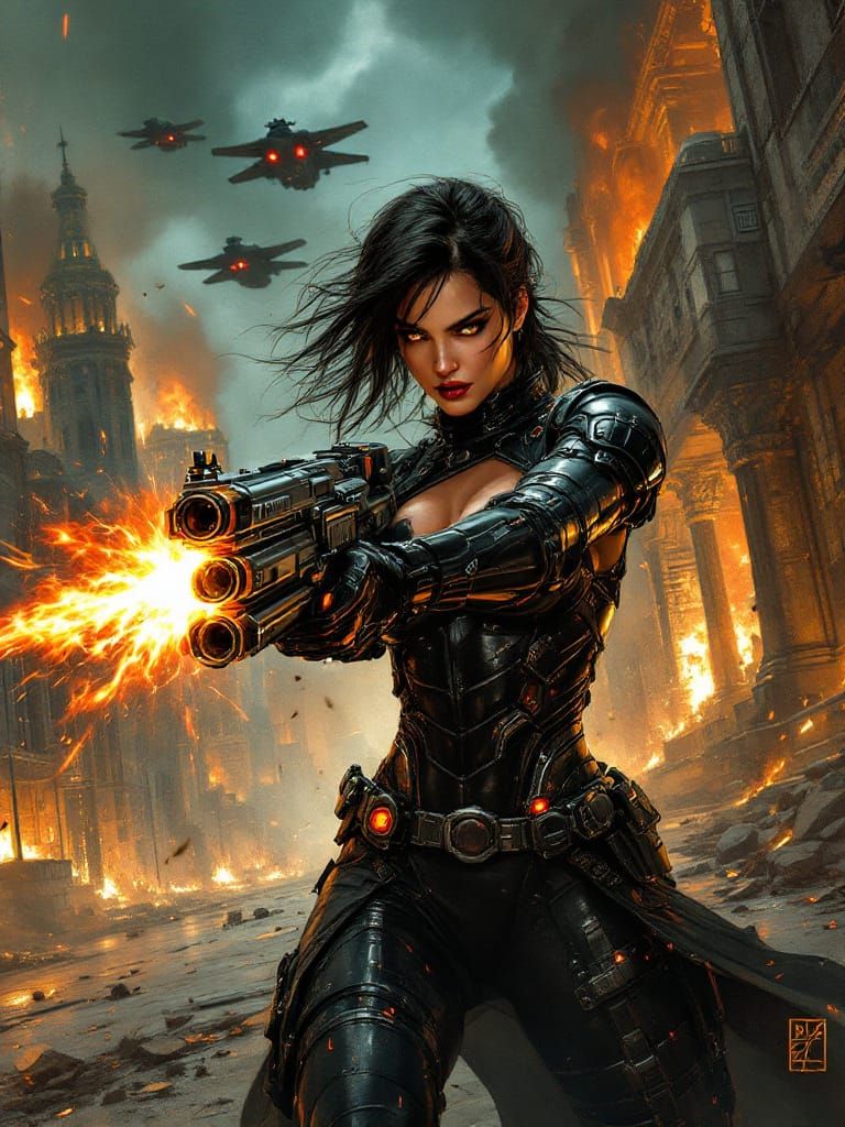 Warrior Unleashes Energy Weapon in Burning Sci-Fi City