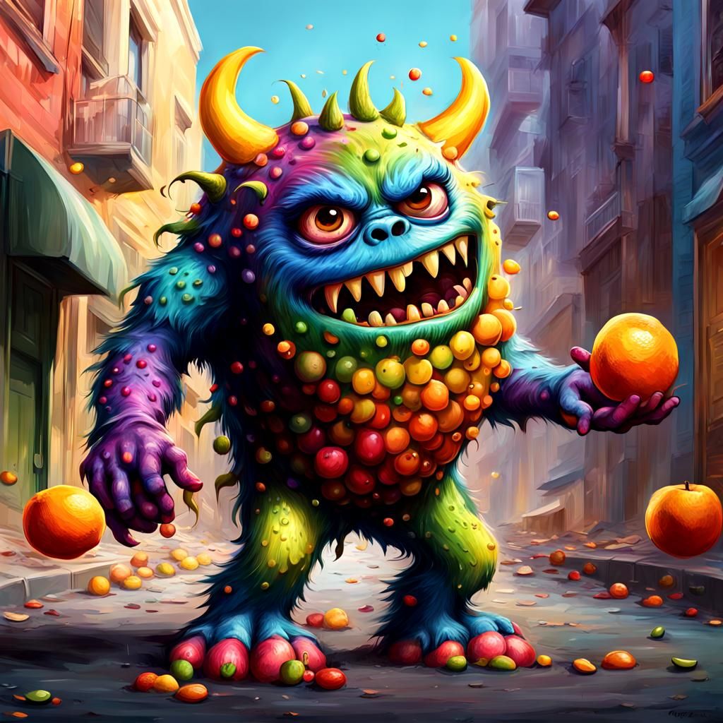 Hyperrealistic Fruit Monster Child in City Street