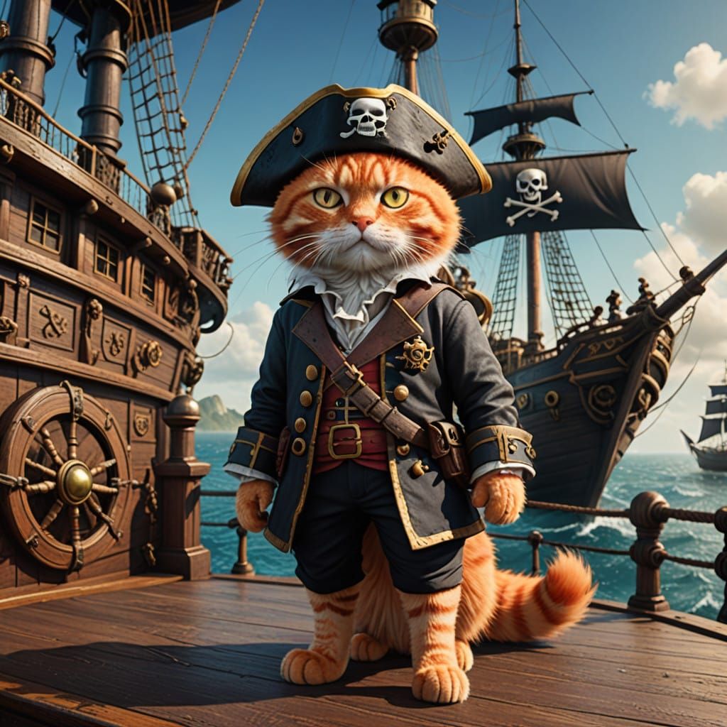 Pirate Feline Captain Steers Mysterious Vessel