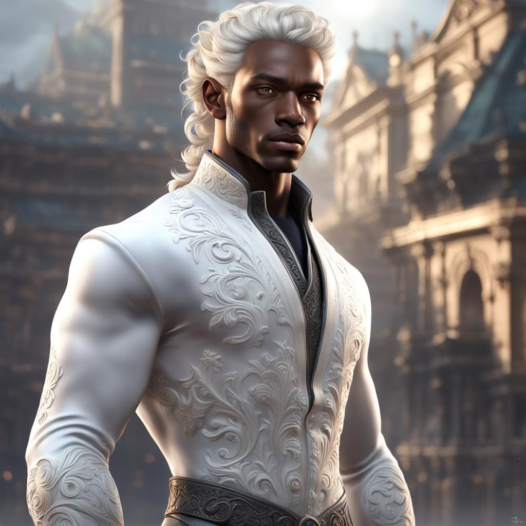 Hyperrealistic Portrait of a Lean Man with White Ponytail