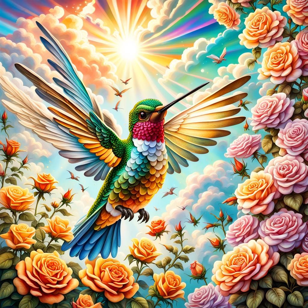 Angel Hummingbird in Rose Garden: Airbrush Art