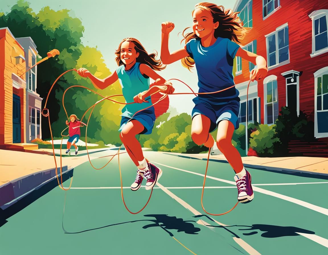 Girls Playing Jump Rope: Digital Illustration