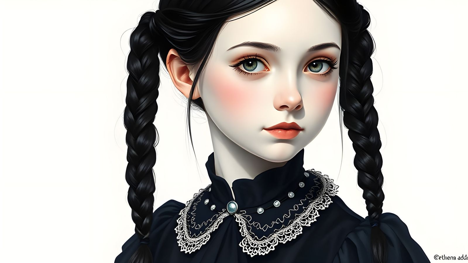 Wednesday Addams Portrait in Gouache Style