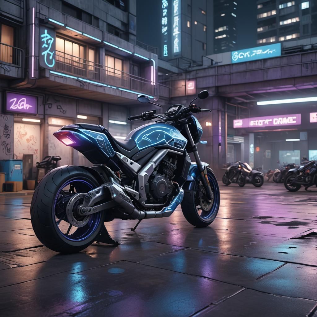 Cyberpunk Motorcycle in Asian City with Tron Lines