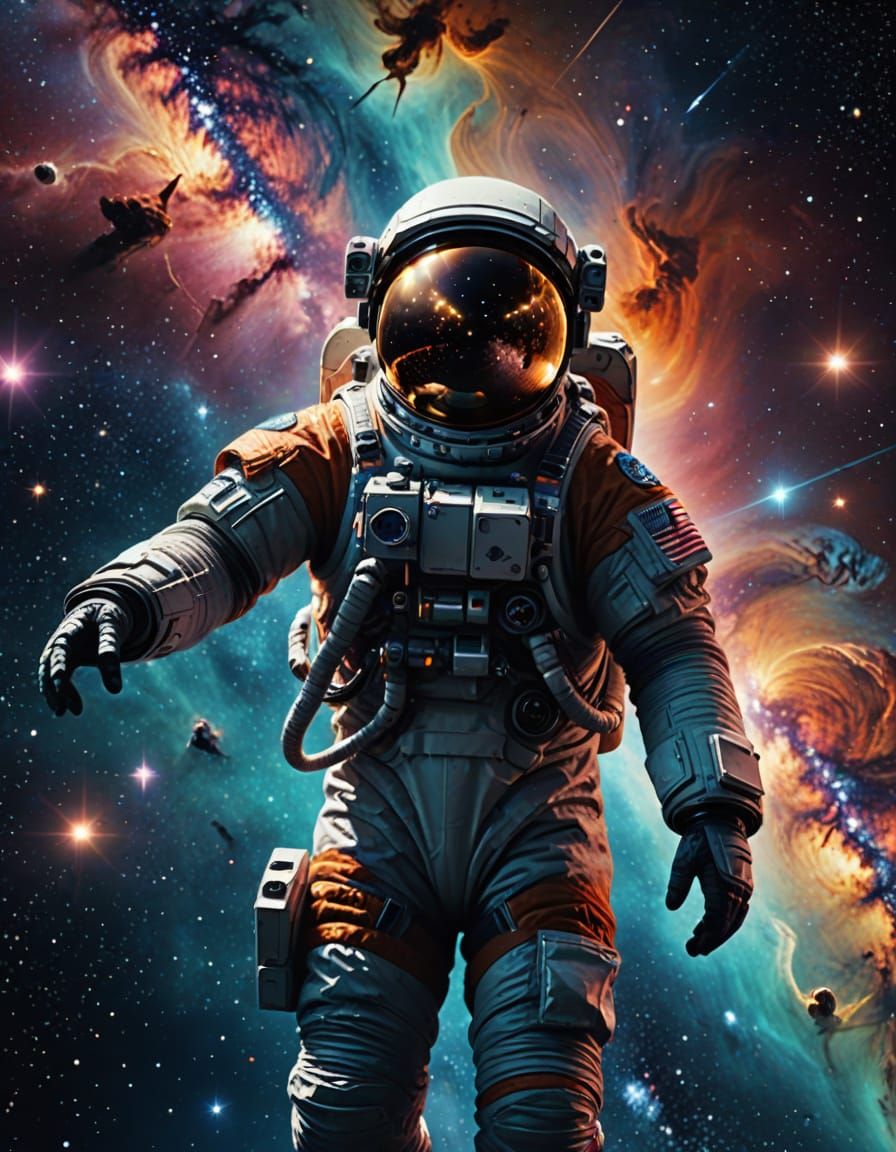 Astronaut Reaching for Galaxy in Vibrant Nebula