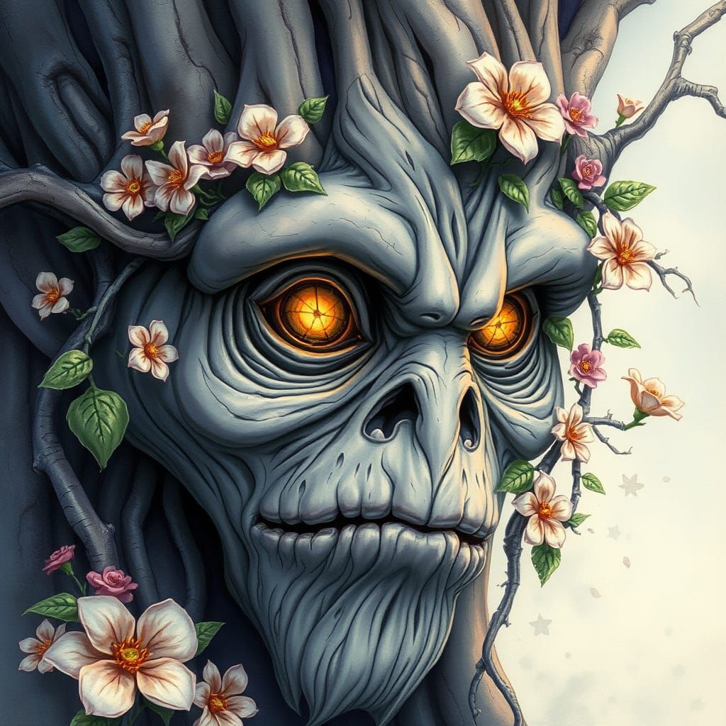 Mystical Tree Spirit Portrait in Watercolor Style
