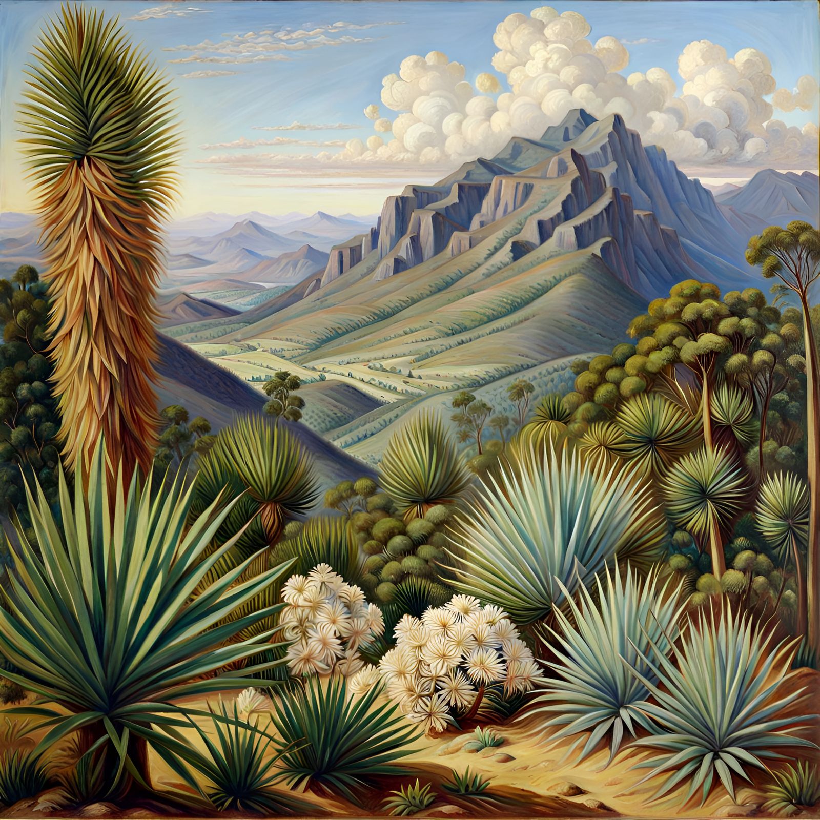 Lush Mountain Vista in Botanical Painting Style