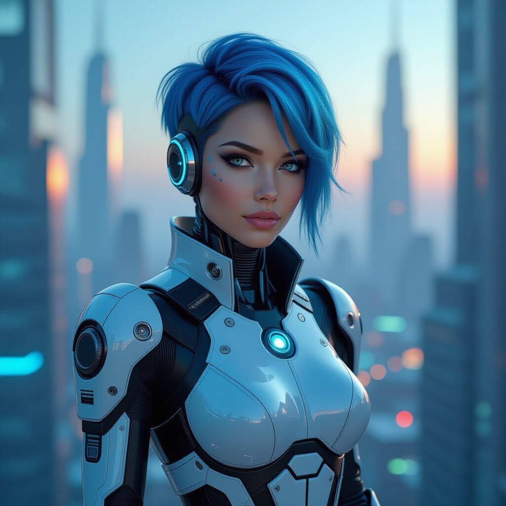 Stunning Cyborg in Futuristic Cityscape, Digital Matte Paint...