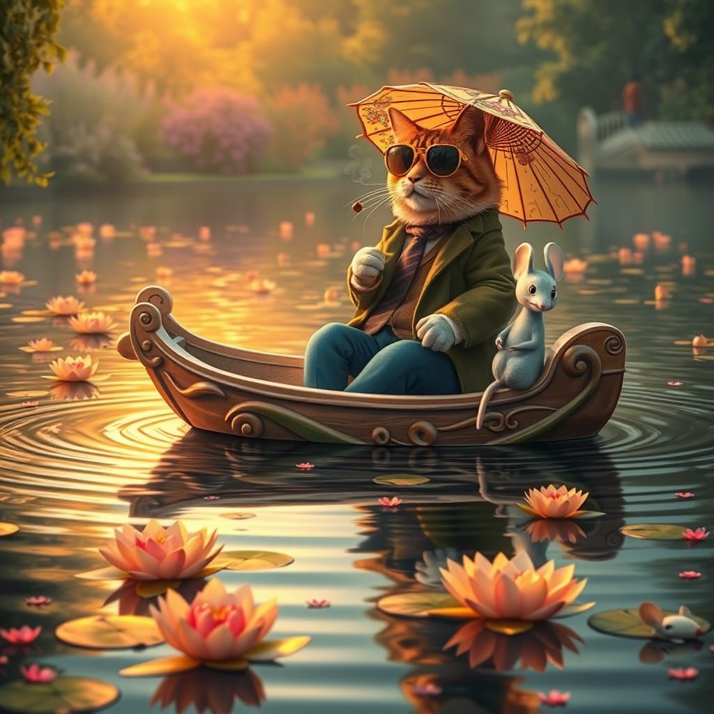 Whimsical Cat and Mouse Boat Ride at Sunset