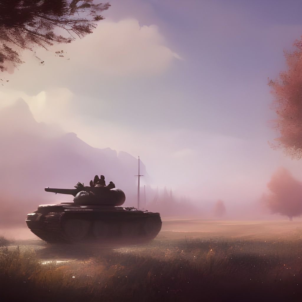Tank in Dreamy Russian Spring Landscape
