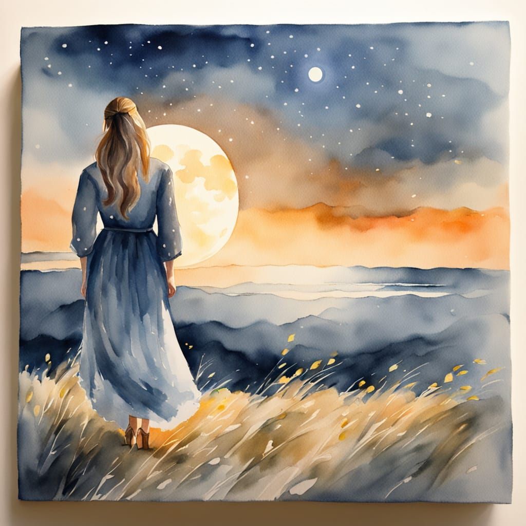 Dreamy Watercolor Portrait of a Woman Under Moonlight