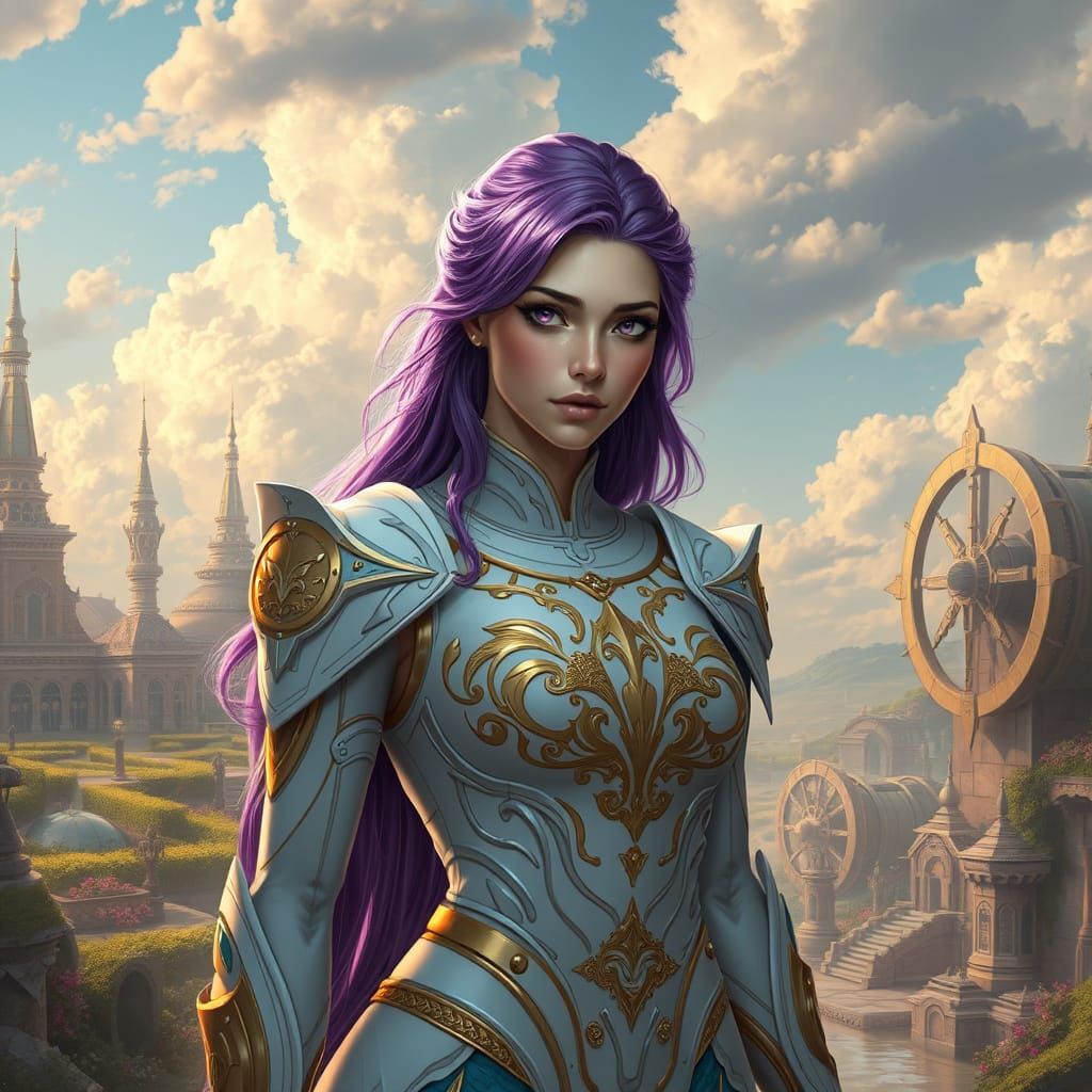 Vibrant Valkyrie in Solarpunk Cityscape