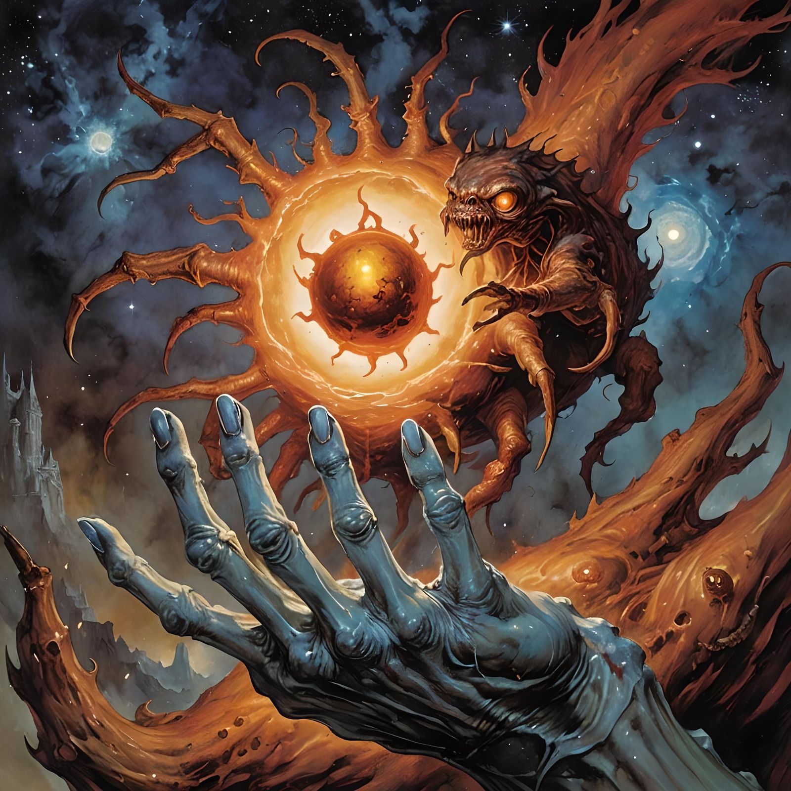 Monster with Fireball in Galaxy, Fantasy Art