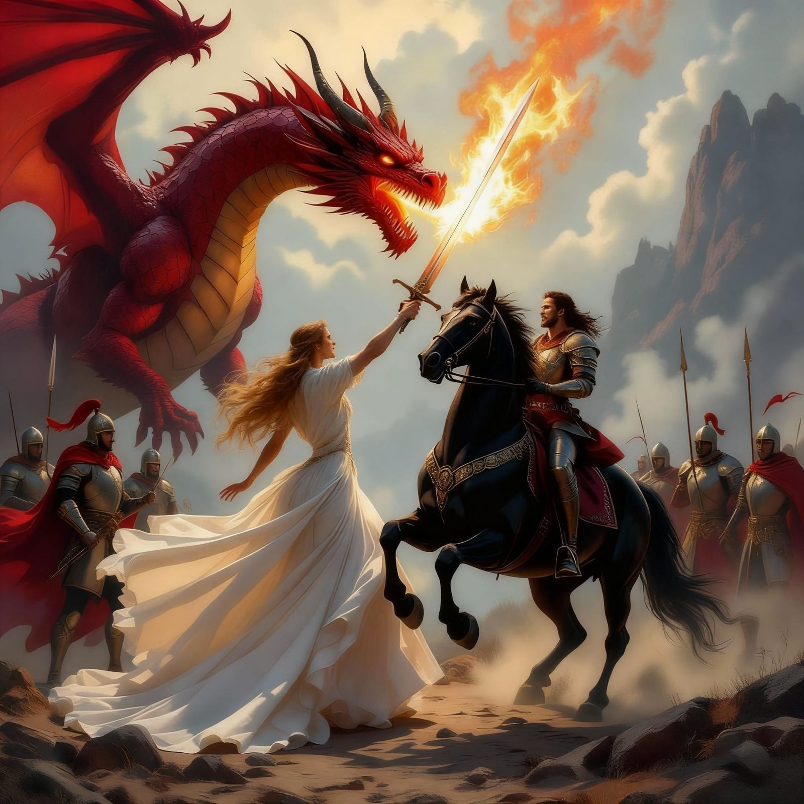 Heroic Fantasy Princess Battles Dragon with Sword