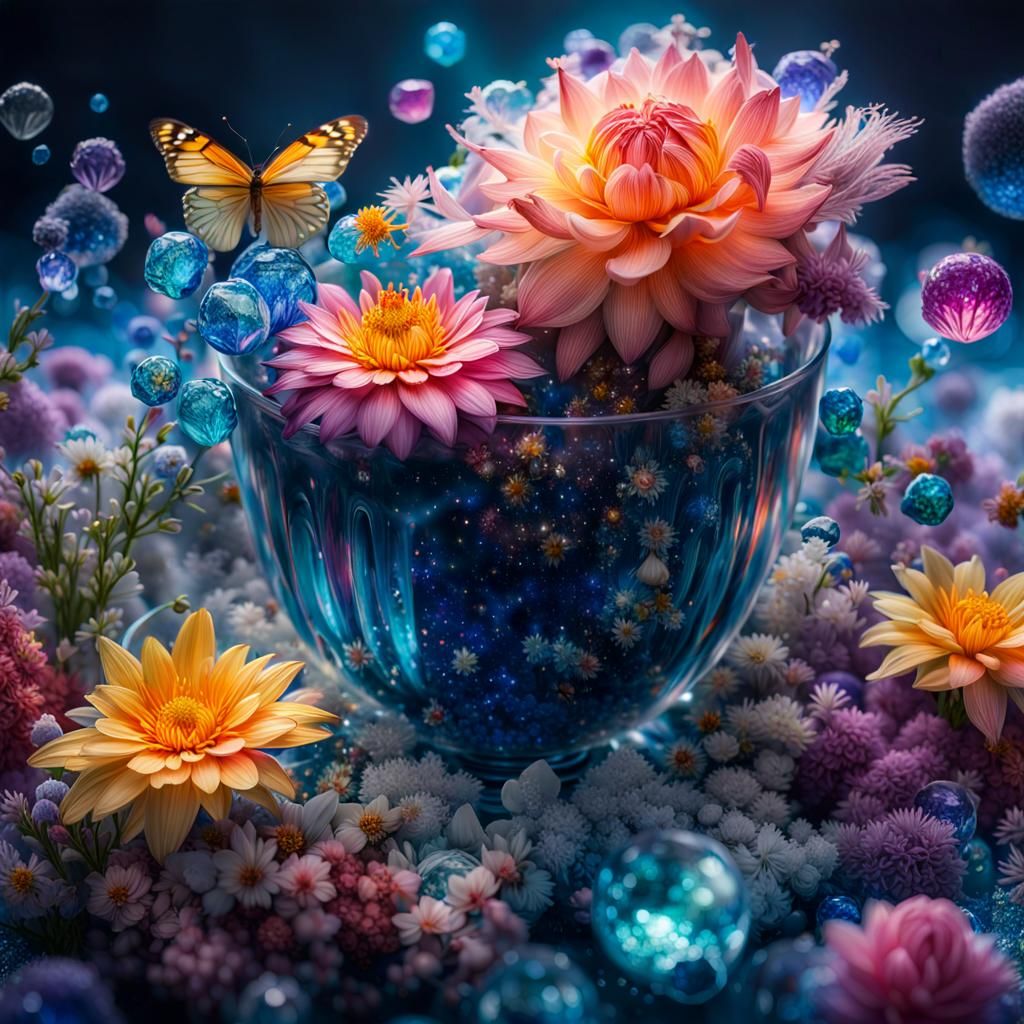 Astral Cup with Fantasy Flowers and Creatures