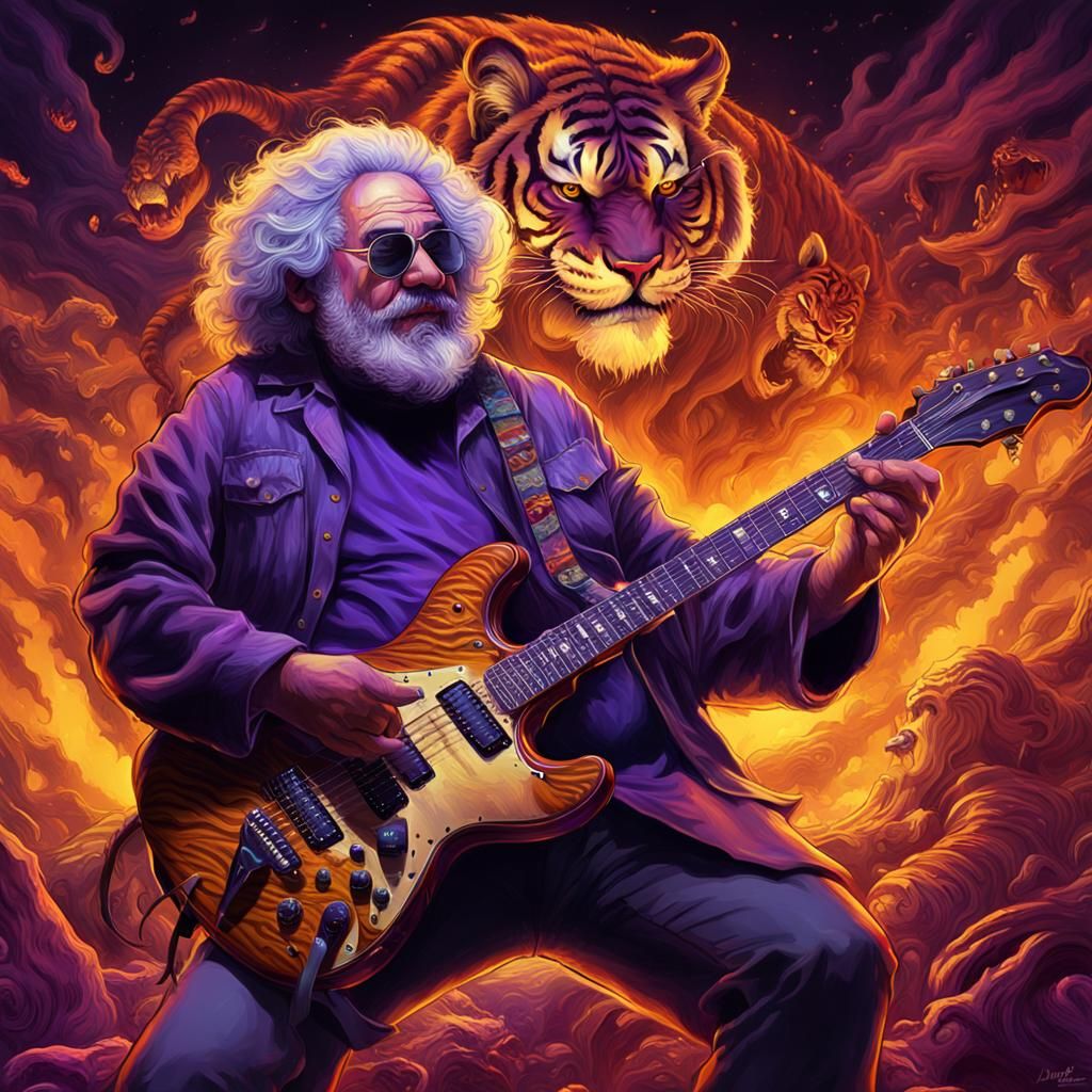 Musician Riding a Tiger in Dark Fantasy Style