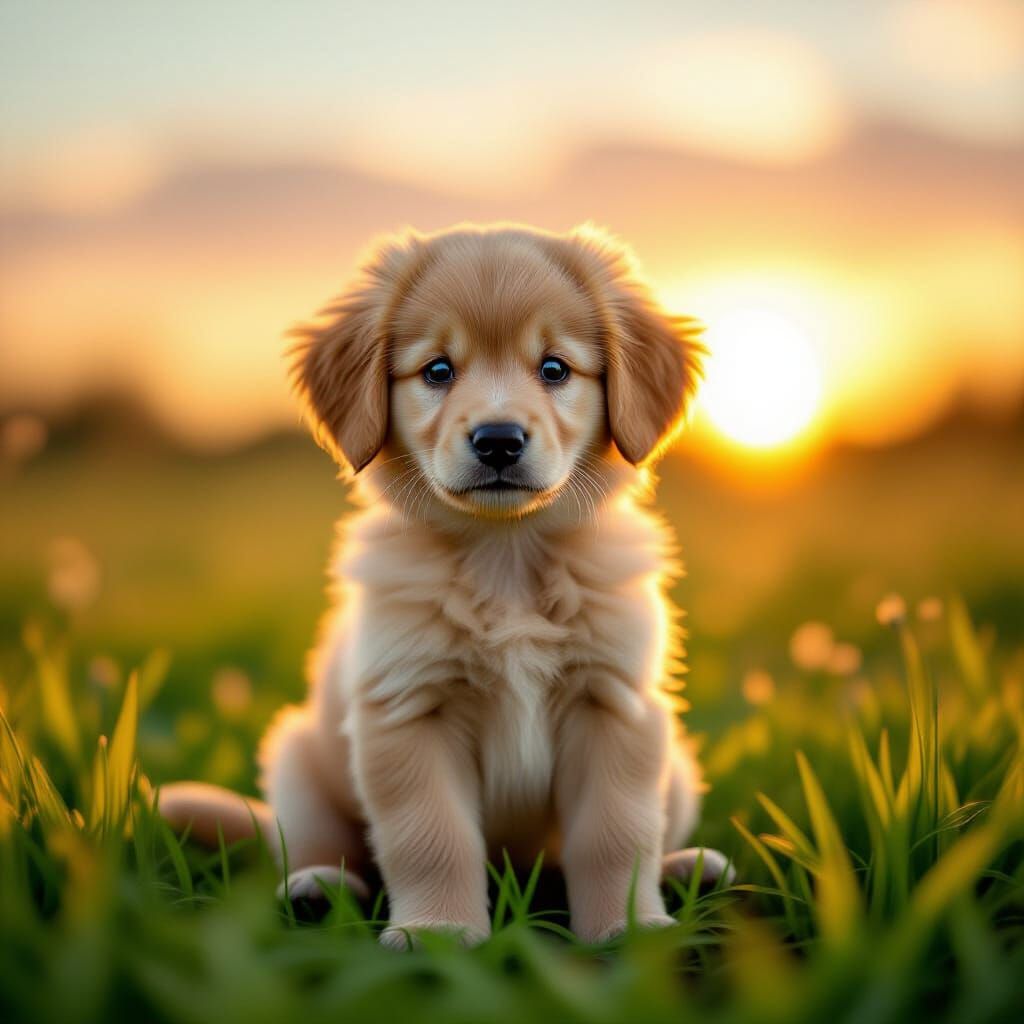 Fluffy Golden Retriever Puppy at Sunrise in Lush Meadow