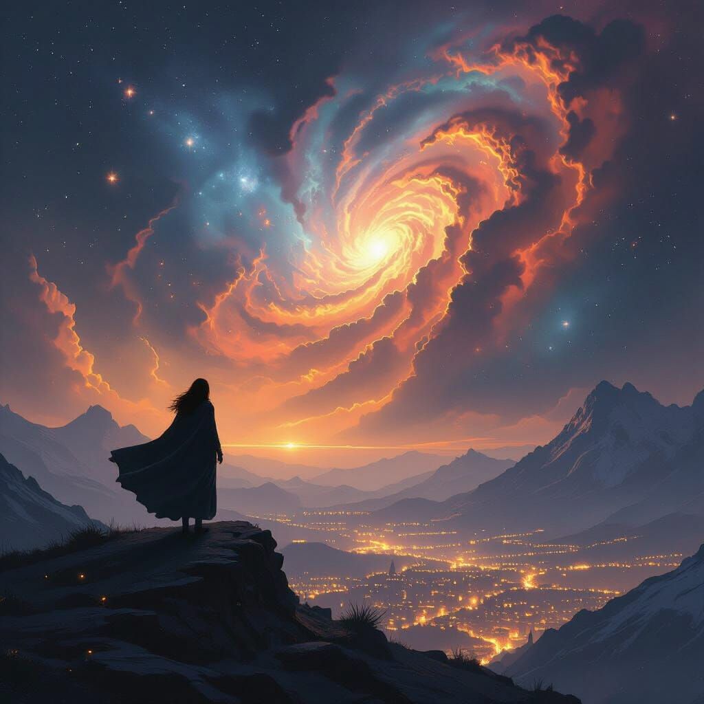 Woman Gazes at Cosmic Nebula from Mountain Peak