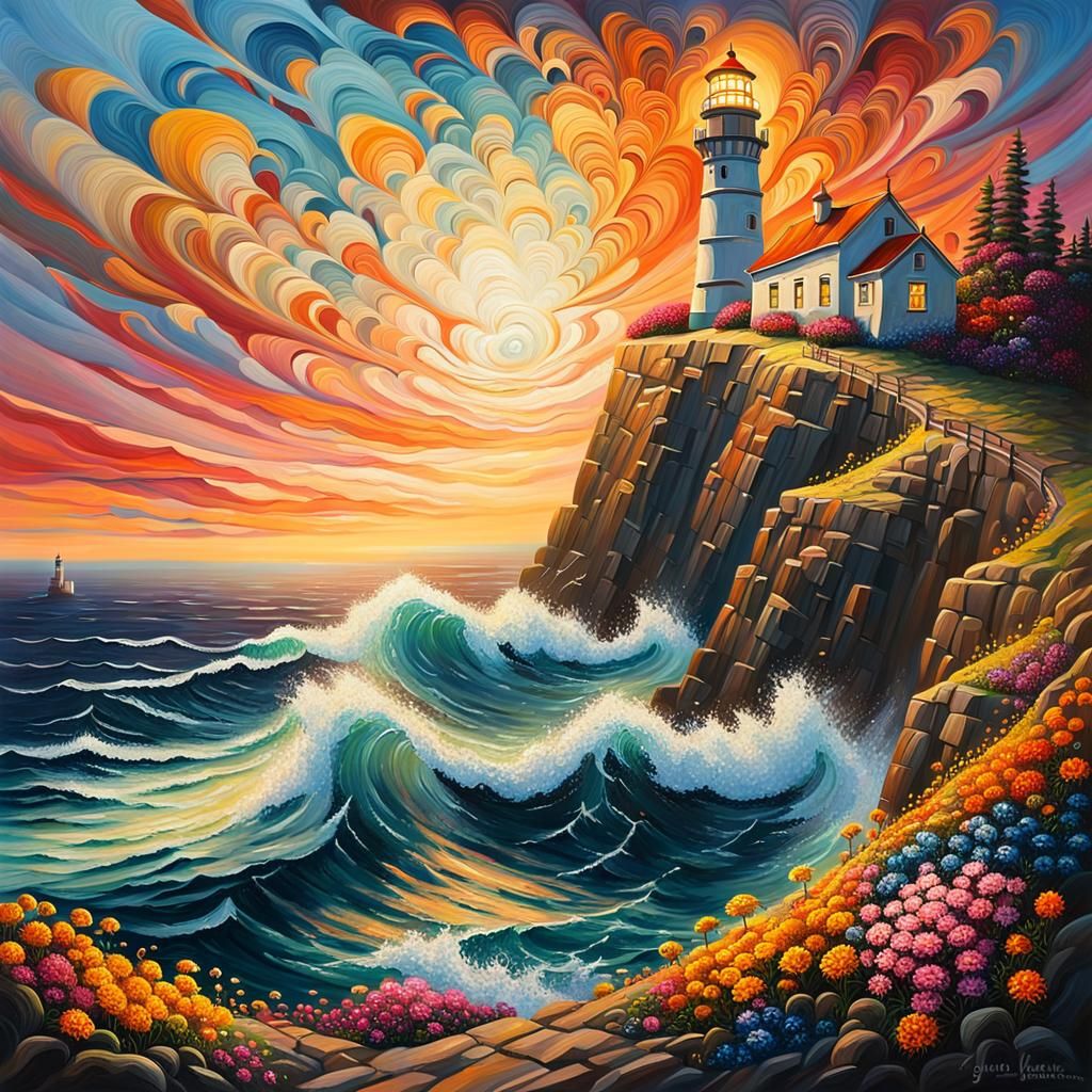 Lighthouse on Floral Cliff at Sunset, in Surrealist Style