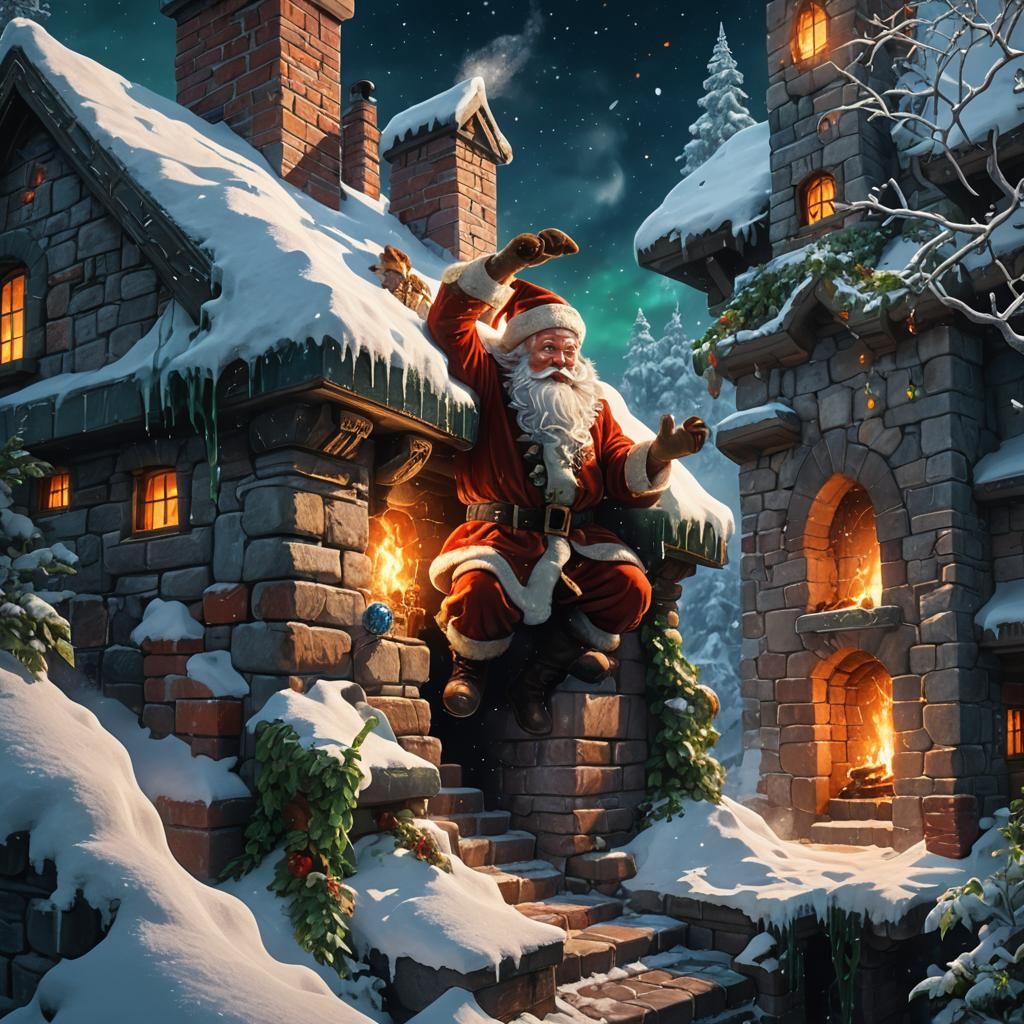 Santa Claus Climbs Snowy Chimney: Digital Matte Painting
