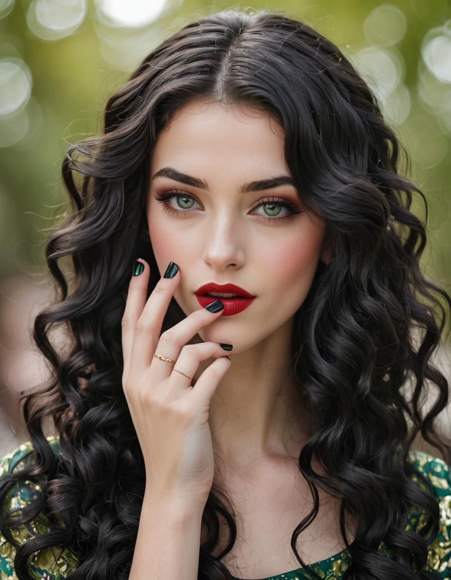 Fair Girl with Black Hair Blowing Kiss: Hyperrealistic