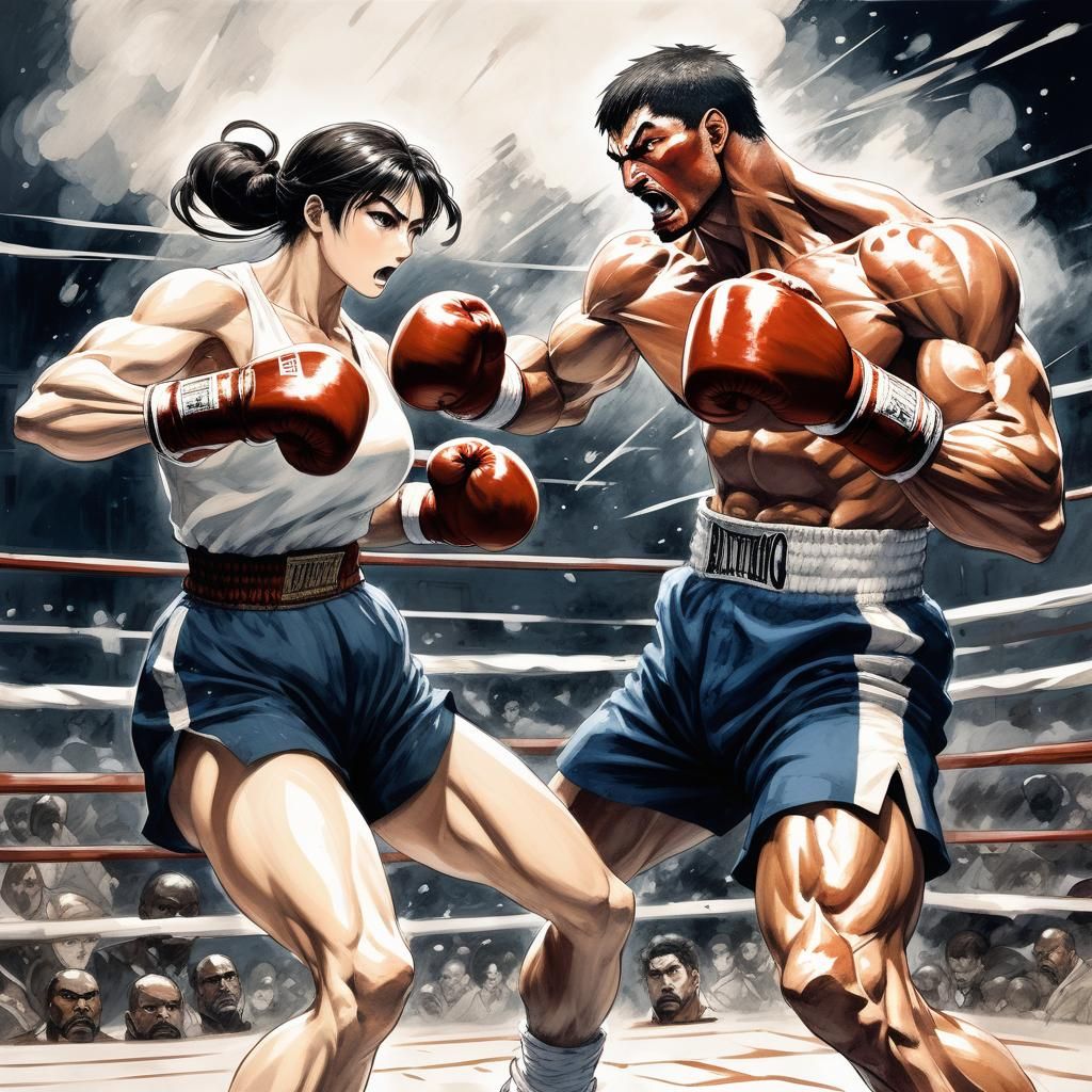 Intense Manga Boxing Match in Oil Painting Style