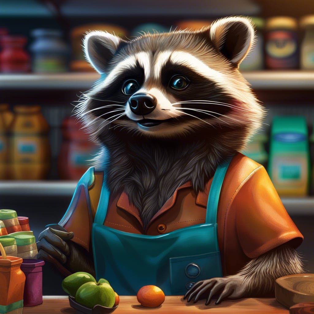 Hyperrealistic Raccoon Cashier in Animal Grocery Store
