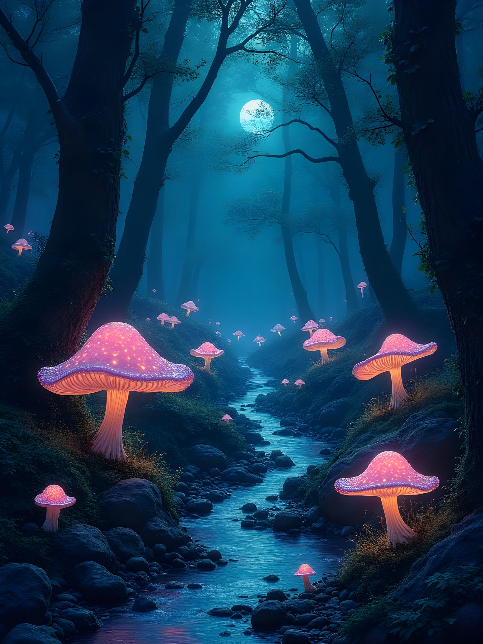 Bioluminescent Forest in Art Nouveau Style