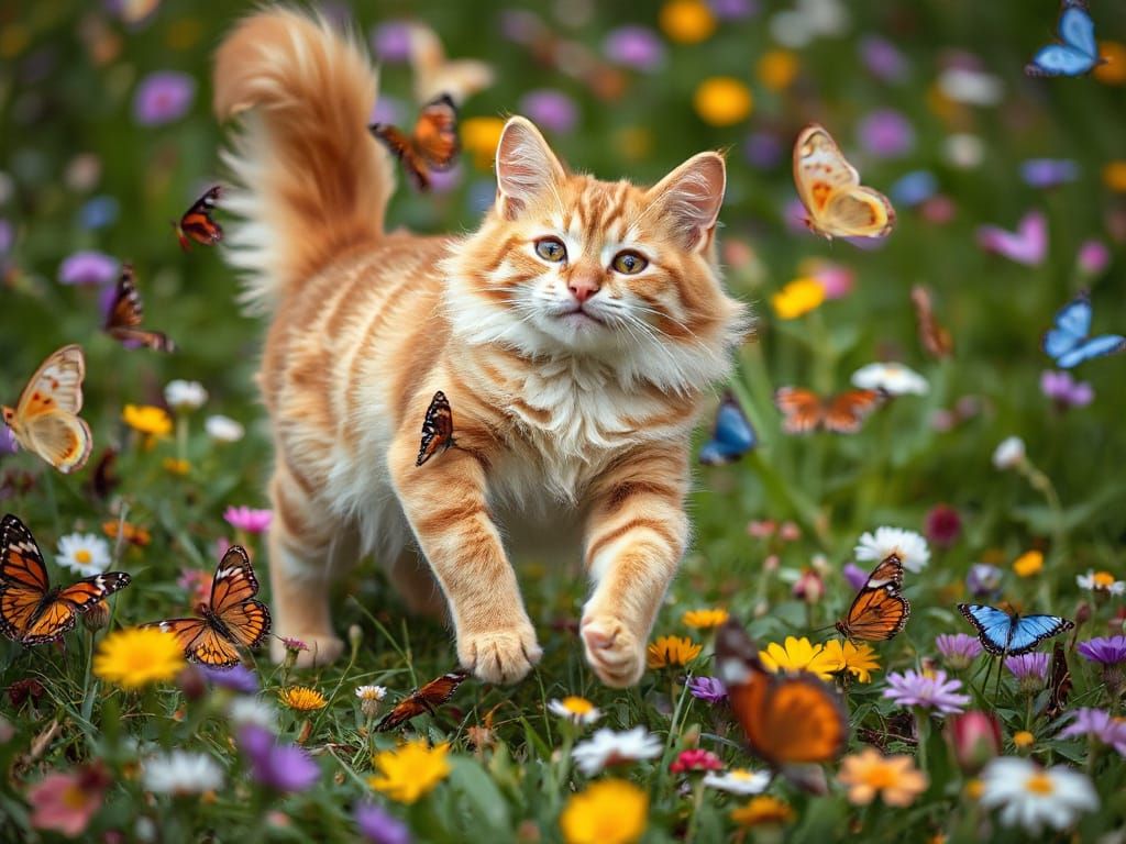 Ginger Cat Frolics in Whimsical Meadow Wonderland