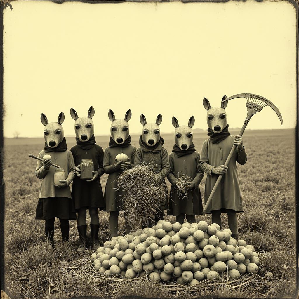 Eerie Harvest Scene with Children in Wooden Masks