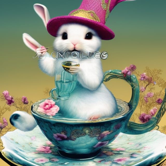 Bunny in Teacup with Intricate Hat