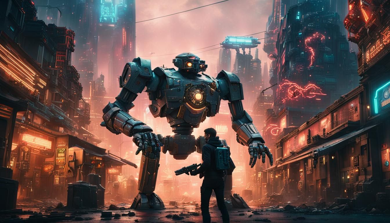 Steampunk Cyborg Confronts Giant Robot in Cyberpunk City