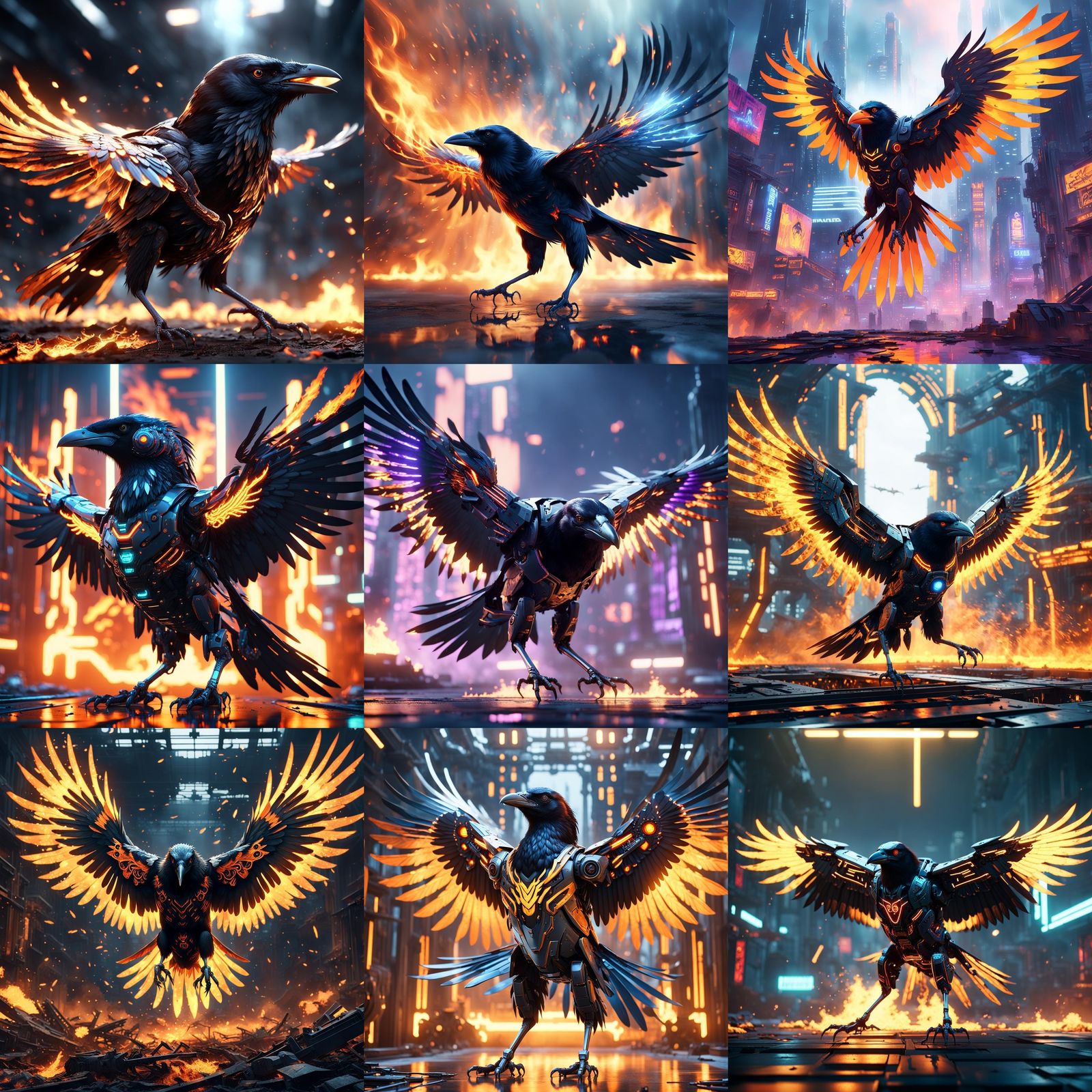Fiery Mechanical Crow with Open Wings in Sci-Fi Style