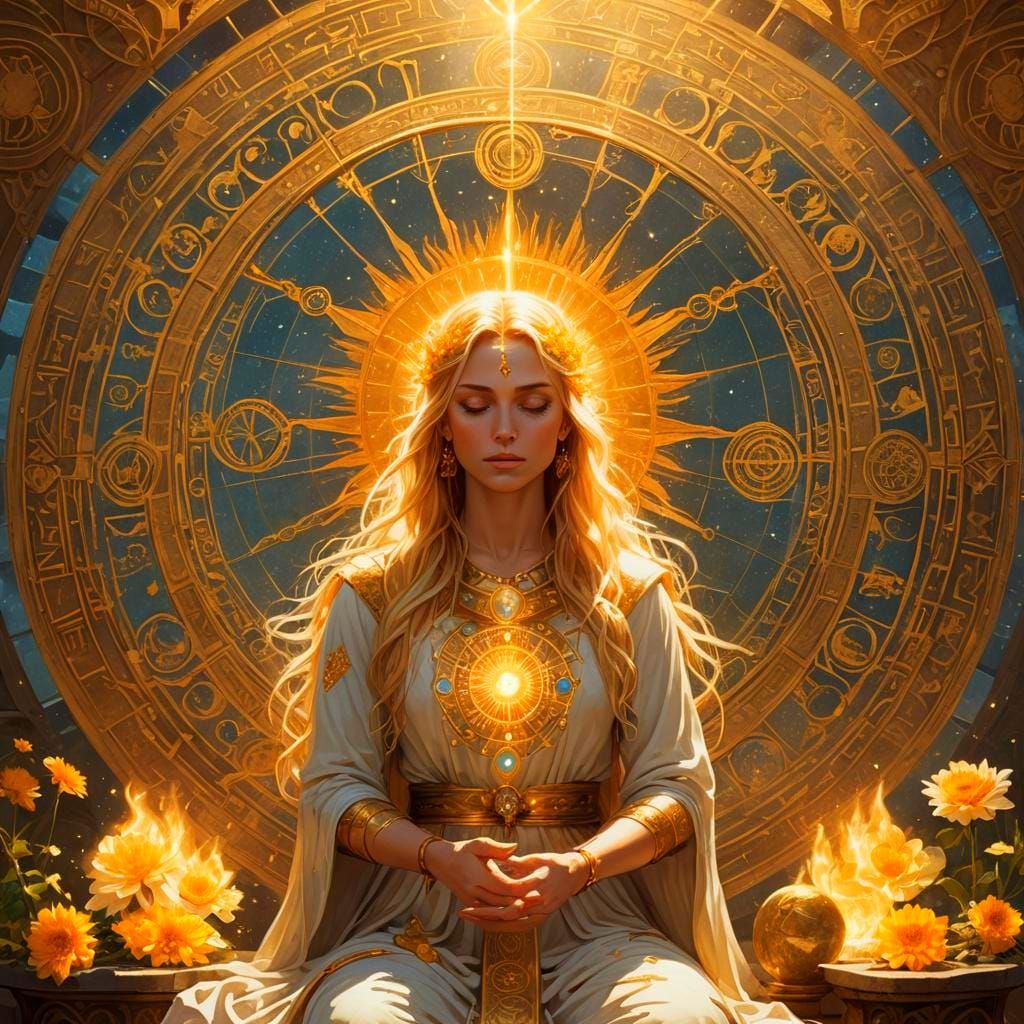 Radiant Woman Praying at Mythic Sun Altar