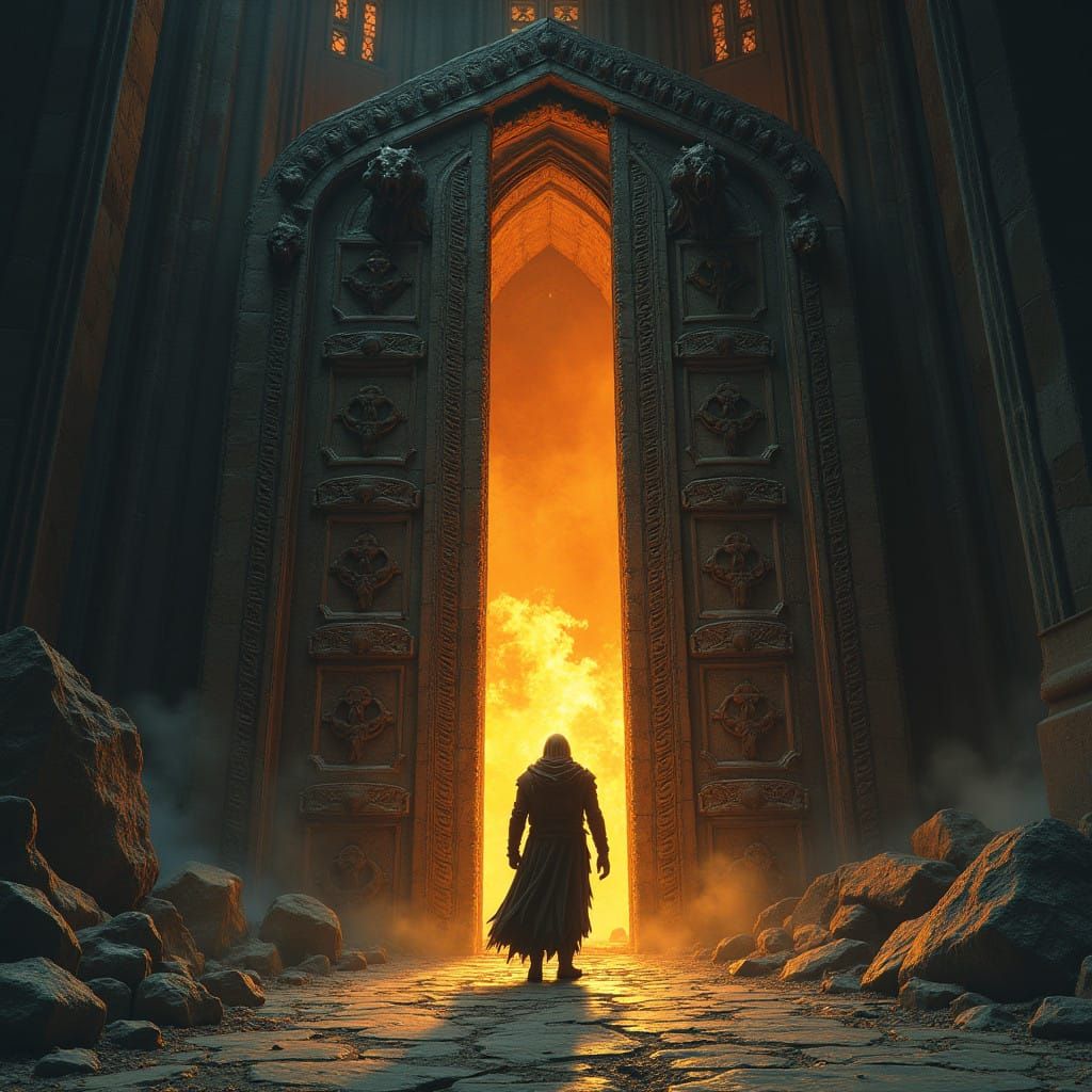 Gothic Man Stands at Threshold of Dark Doors Opening to Fier...