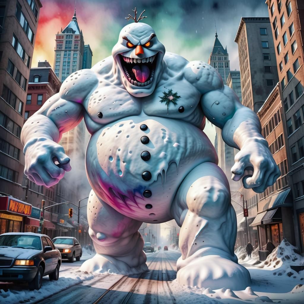 Giant Angry Snowman Attacks City: Horror Poster