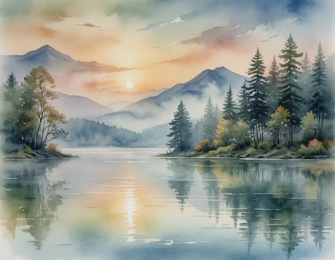 Serene Lake Landscape in Ethereal Watercolor Style