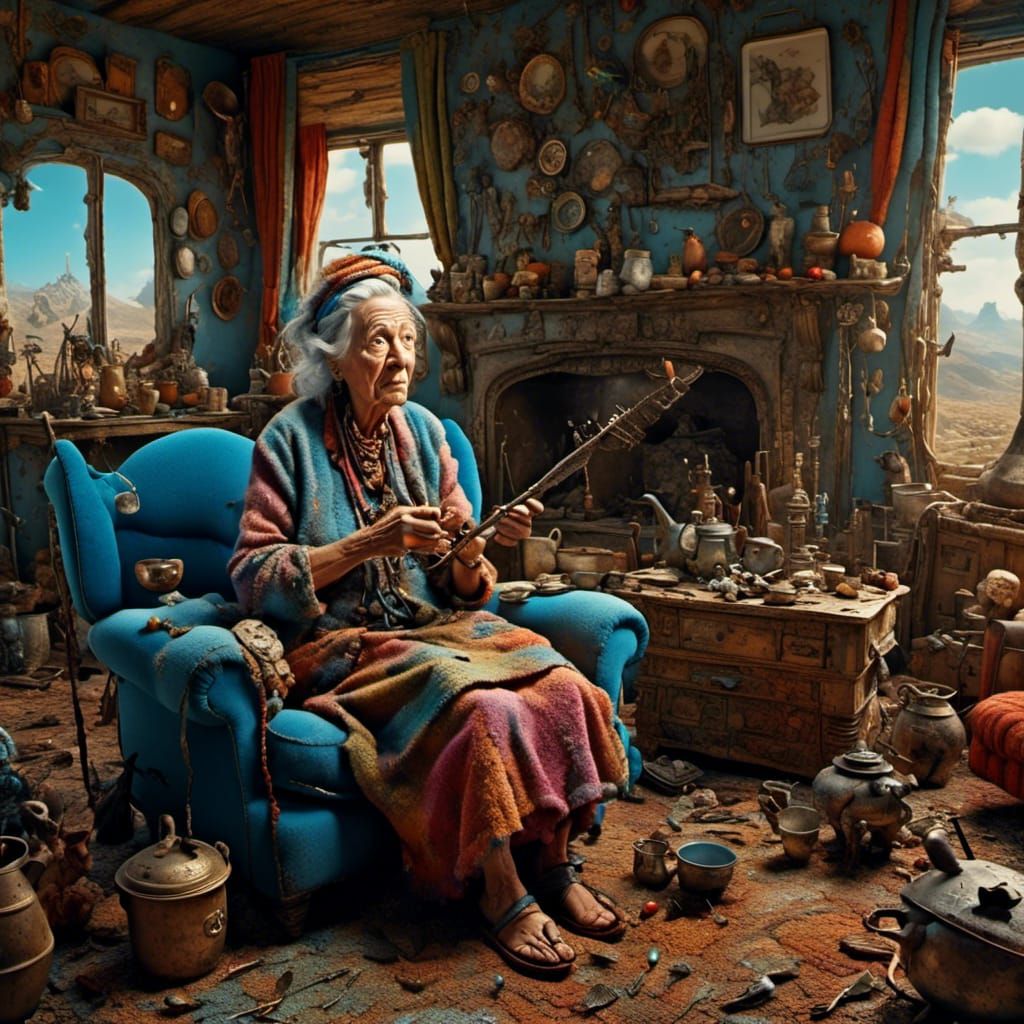 Hippie Woman in Retro Living Room, 3D Render