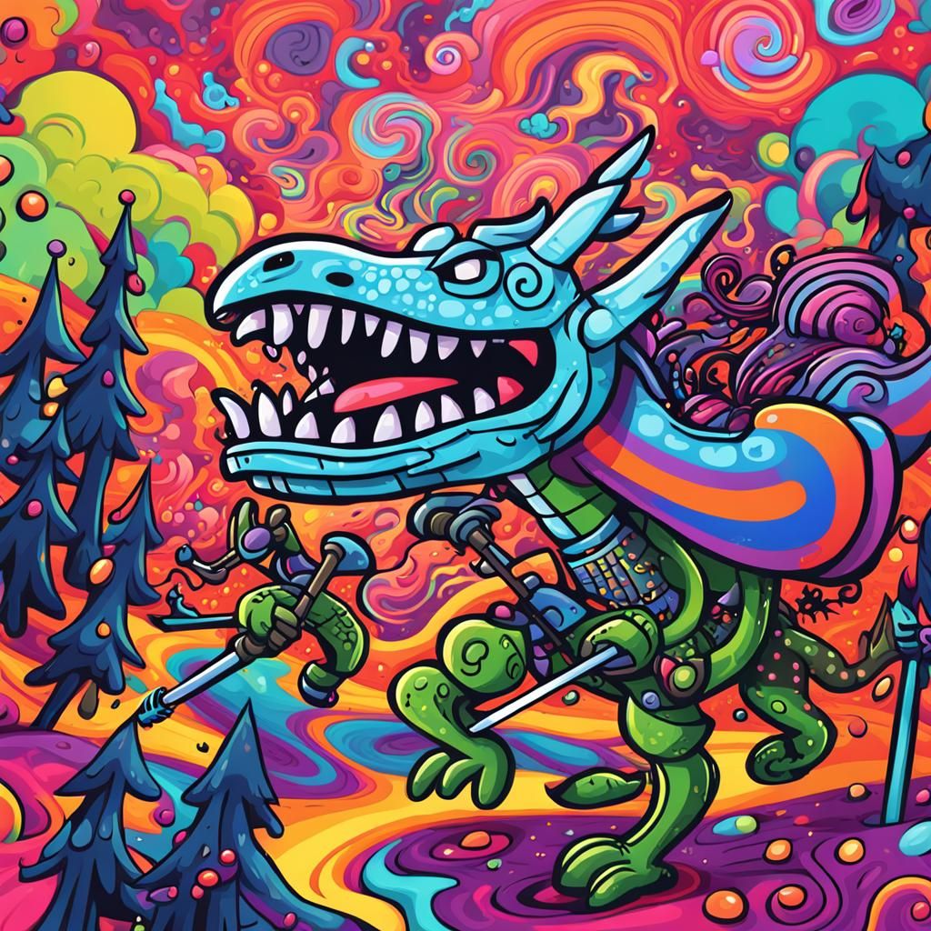 Stick Figure Knights Battle Dragon in Psychedelic Doodle Art