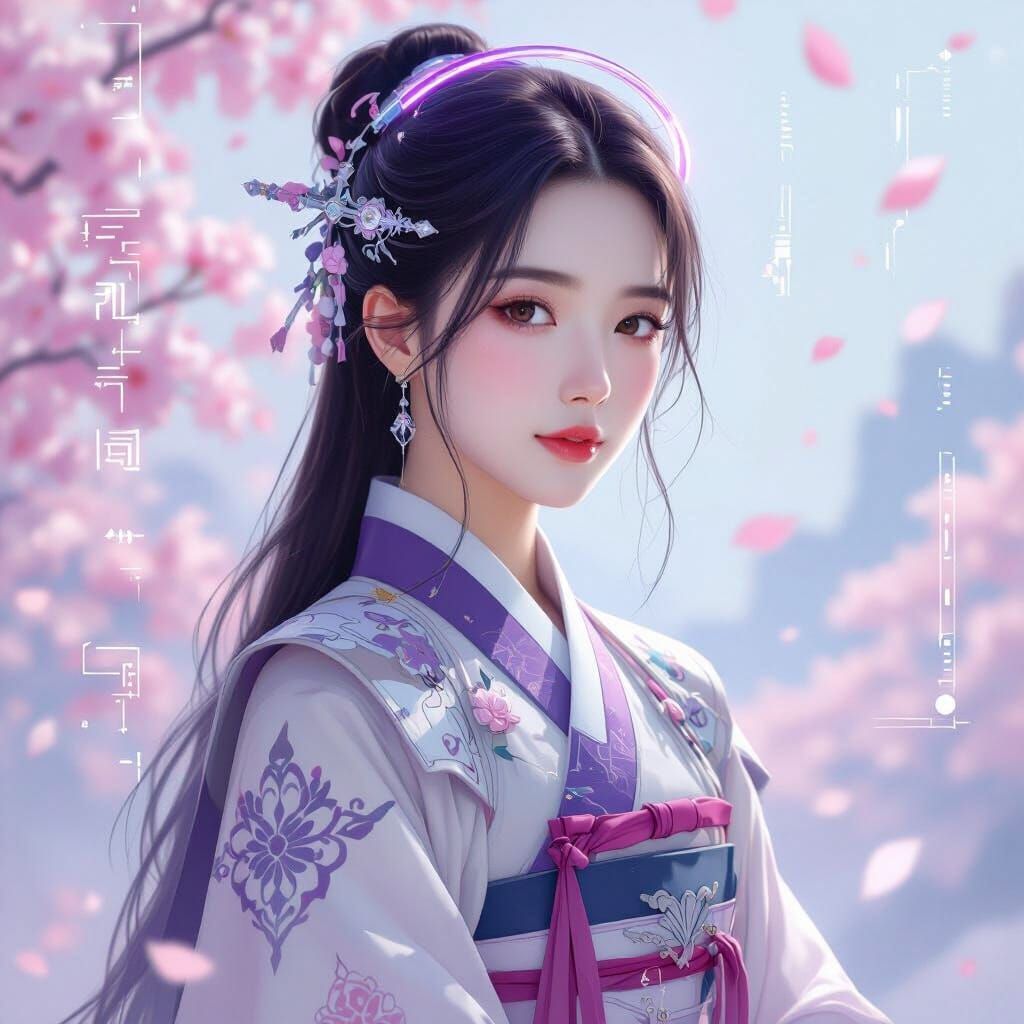 Futuristic Korean Woman in Hanbok-Inspired Tech Armor