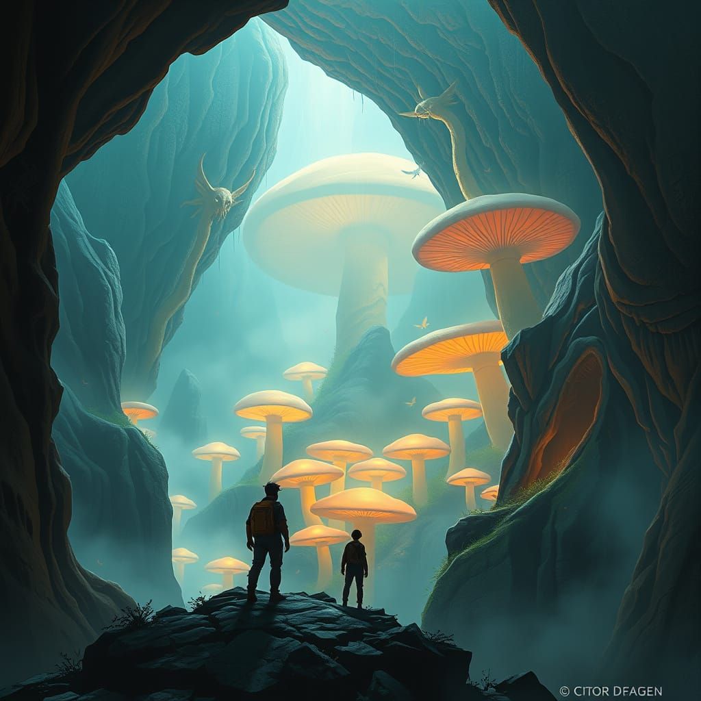 Traveler Gazing at Glowing Mushroom Forest