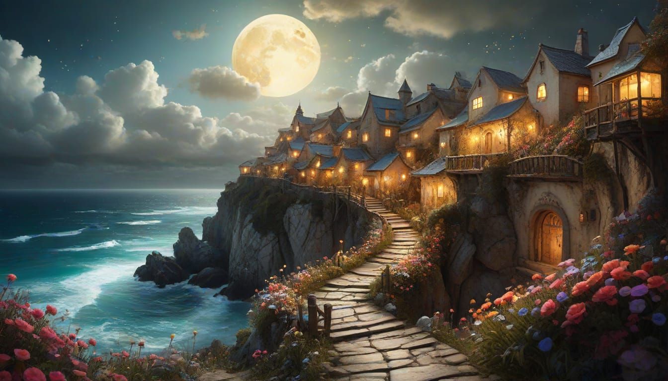 Whimsical Ancient Village with Luminous Details