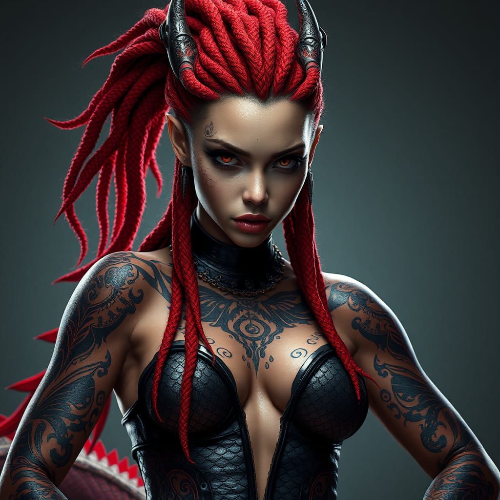 Cyberpunk Dragon-Woman Hybrid with Tribal Tattoos