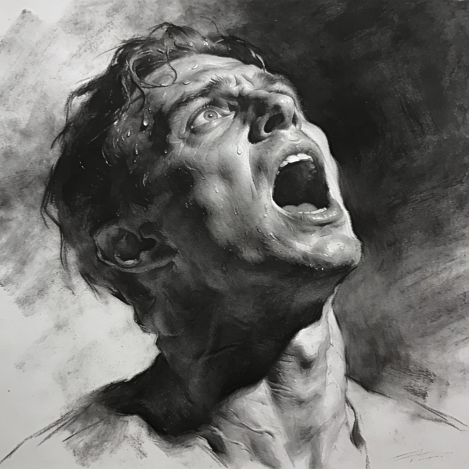 Detailed Charcoal Drawing of a Screaming Man