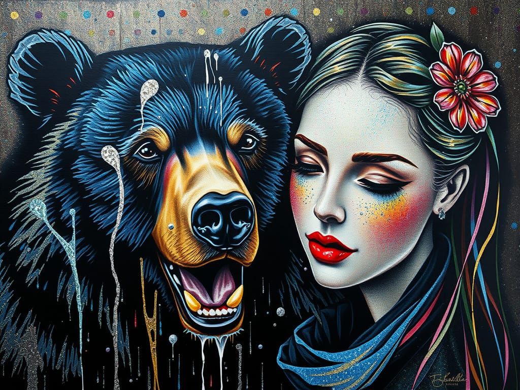 Elegant Black Bear and Woman in Dazzling Holographic Pop Art