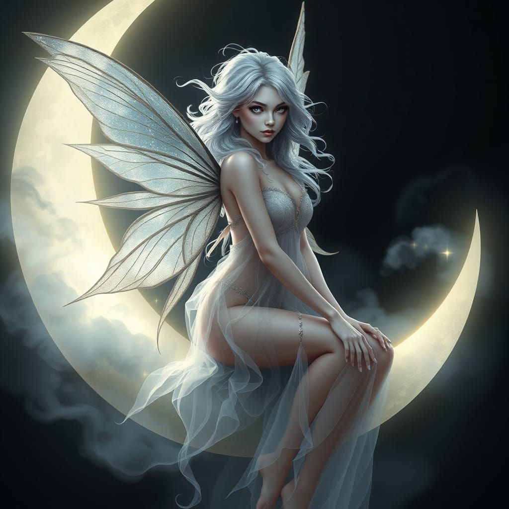 Ethereal Fairy Sits Poised on the Lunar Crescent