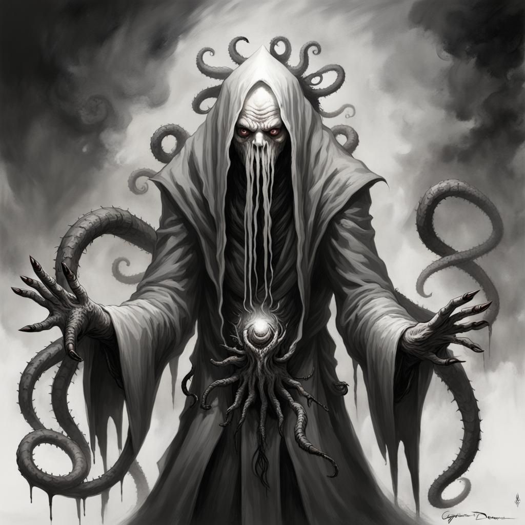 Horrific Tentacular Priest in Engraving Style