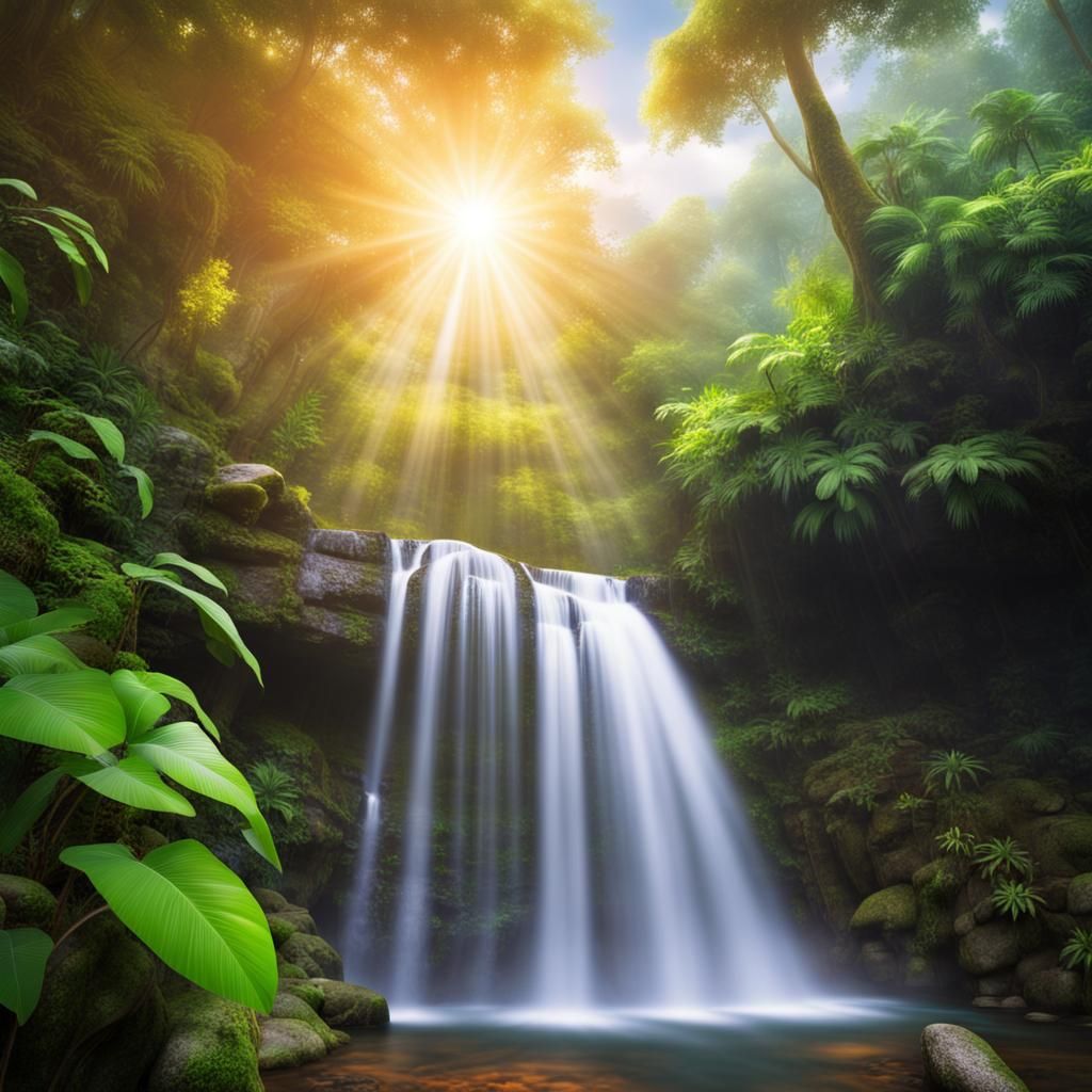 Sunrise Waterfall in Rainforest Mountain Scene