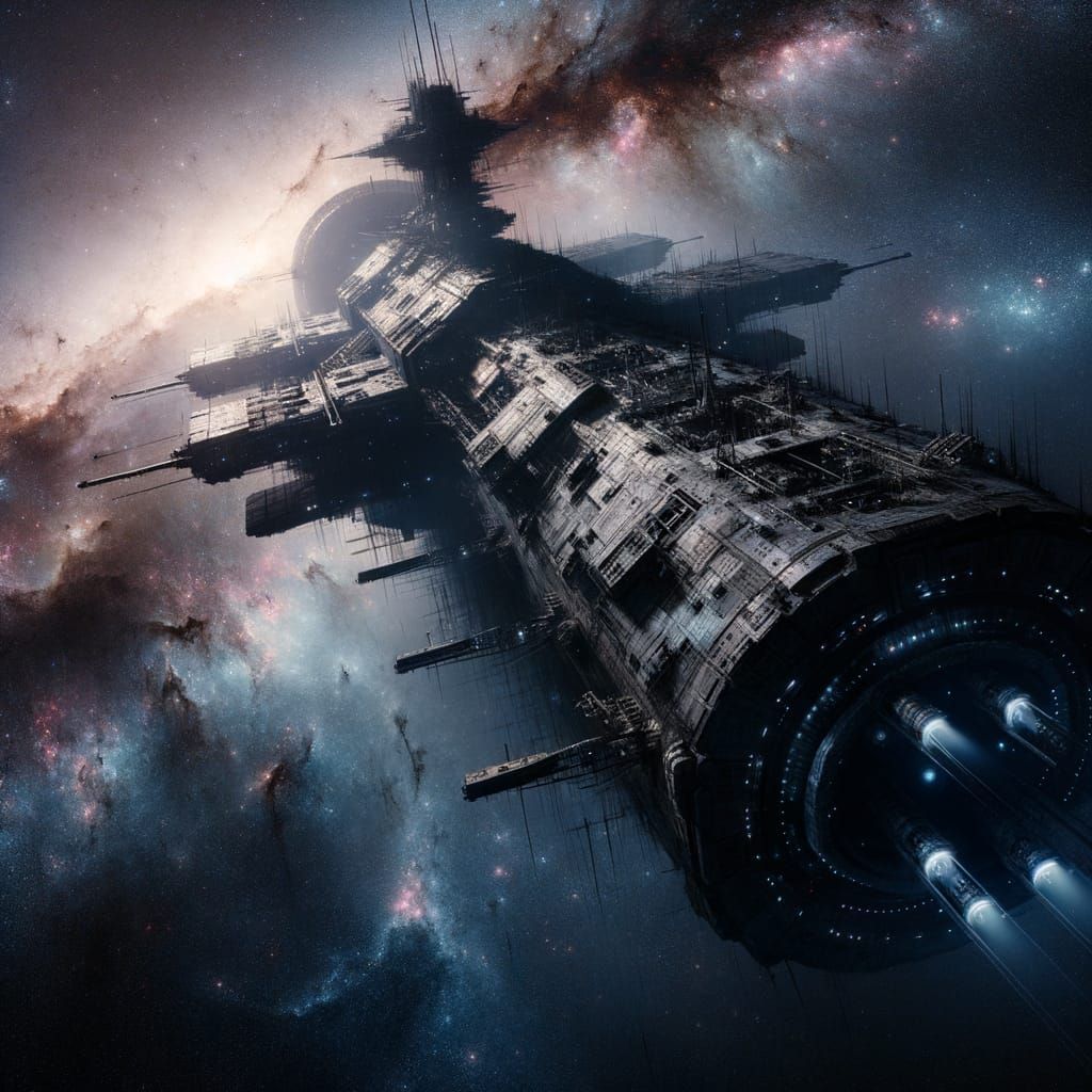 Abandoned Starship Salvage Near Glowing Nebula